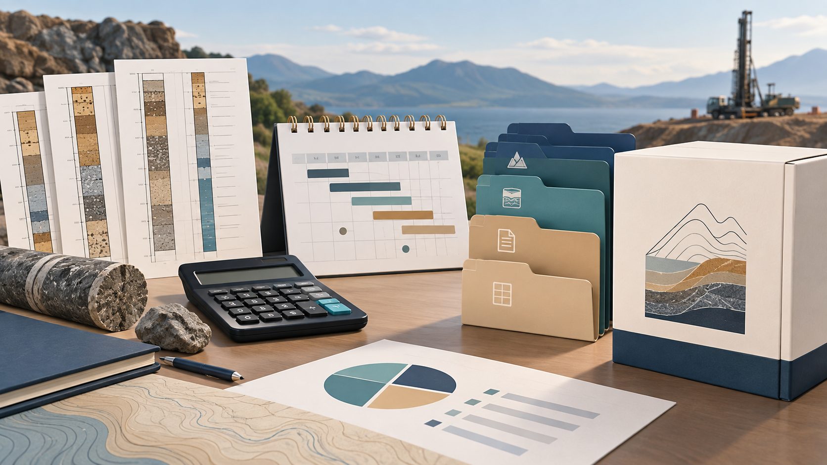 Conceptual illustration of geotechnical migration budgeting, project scheduling, source records and delivery planning.