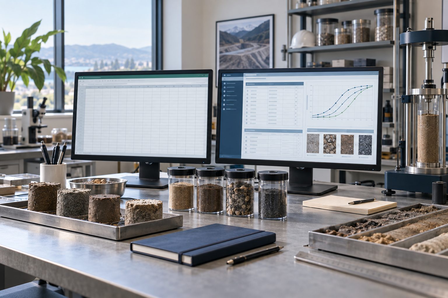 Geotechnical laboratory desk with soil specimens, a spreadsheet and structured test records.
