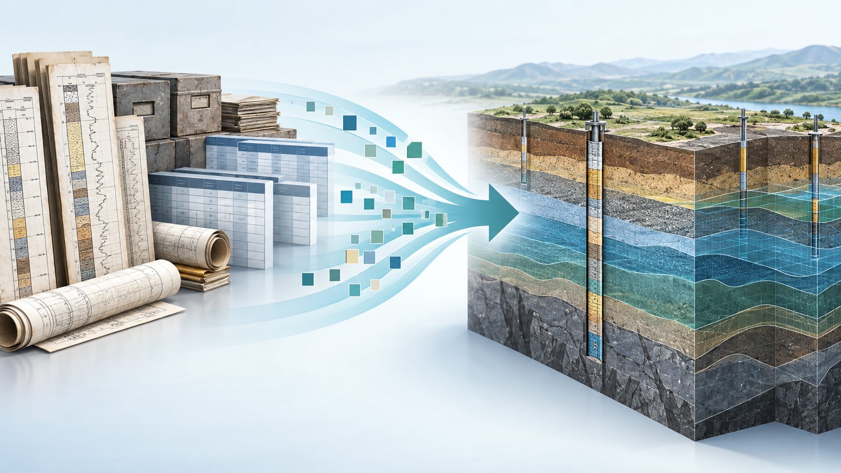 Conceptual illustration of legacy borehole logs and databases transitioning into a structured subsurface data model.