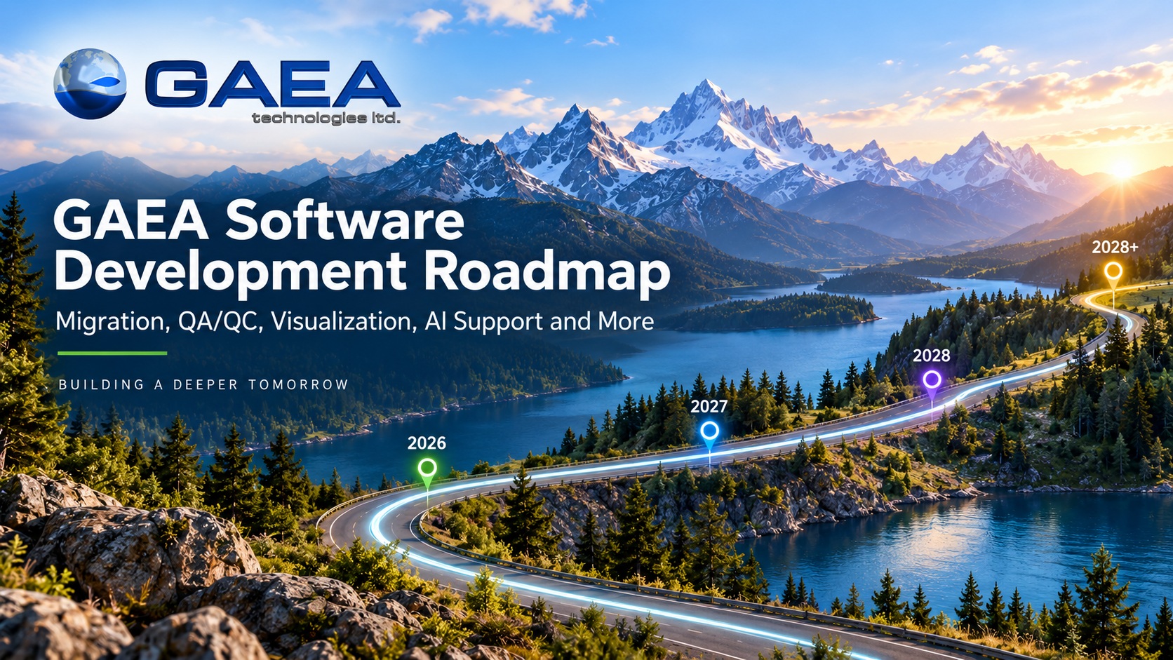 GAEA Technologies software development roadmap showing planned migration, QA/QC, visualization, AI support and multilingual capabilitie