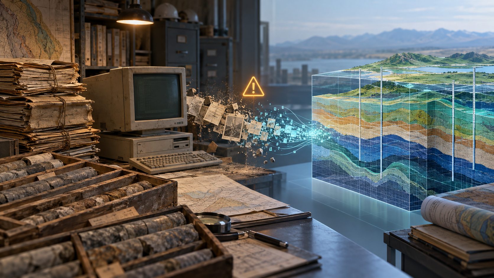 Legacy borehole archives and an aging workstation connected to a modern subsurface data model.