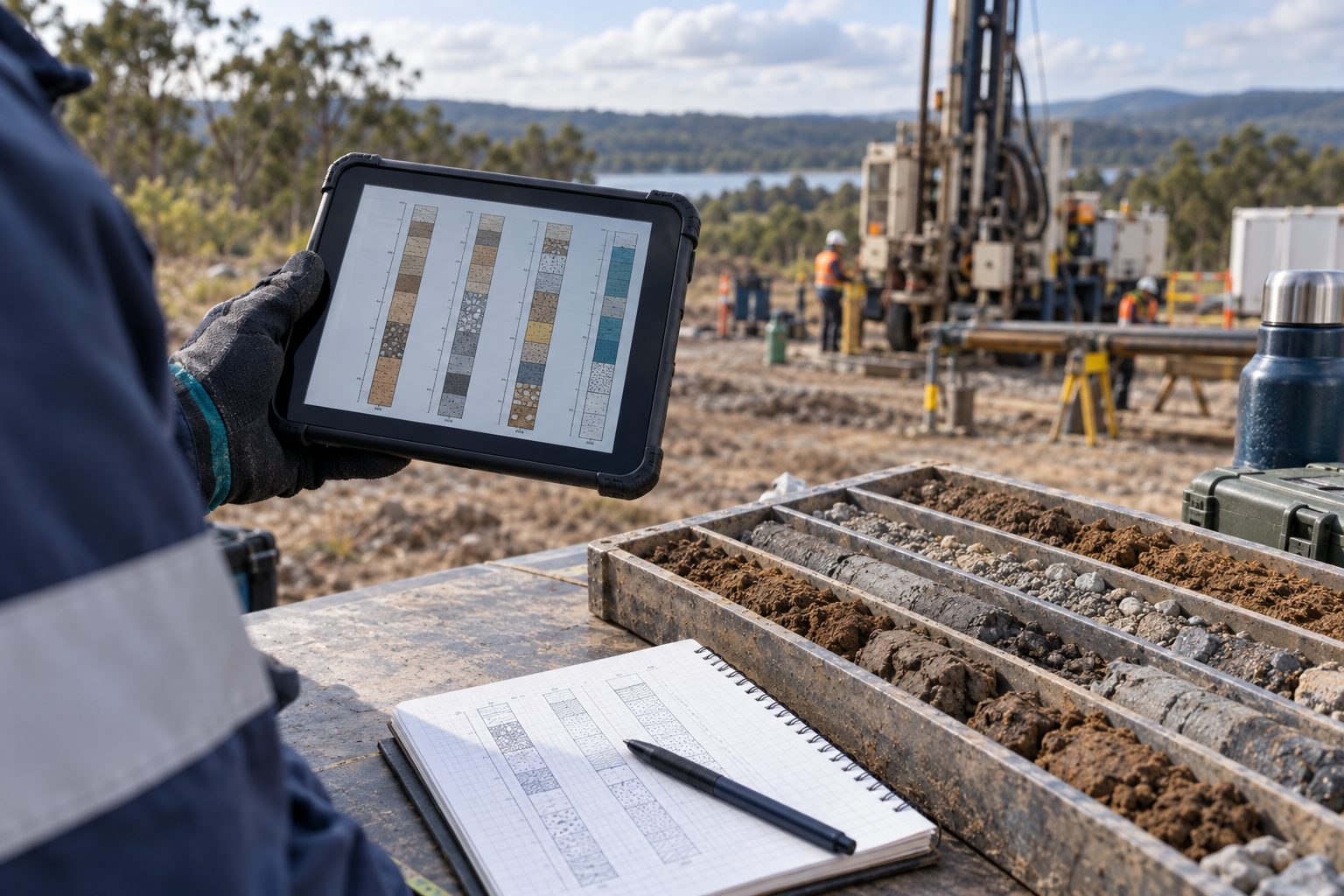 Field logging tablet beside soil samples and a notebook, with a drilling rig in the background.