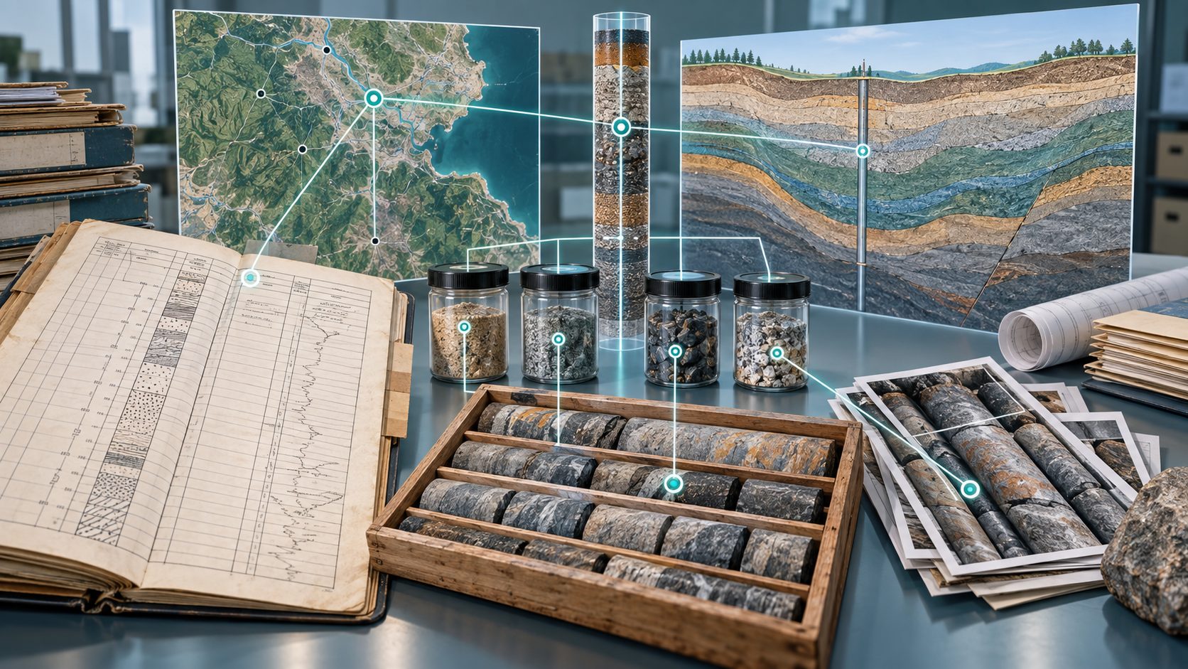 Historical borehole logs, core samples, photographs, and maps connected to a structured geological record.