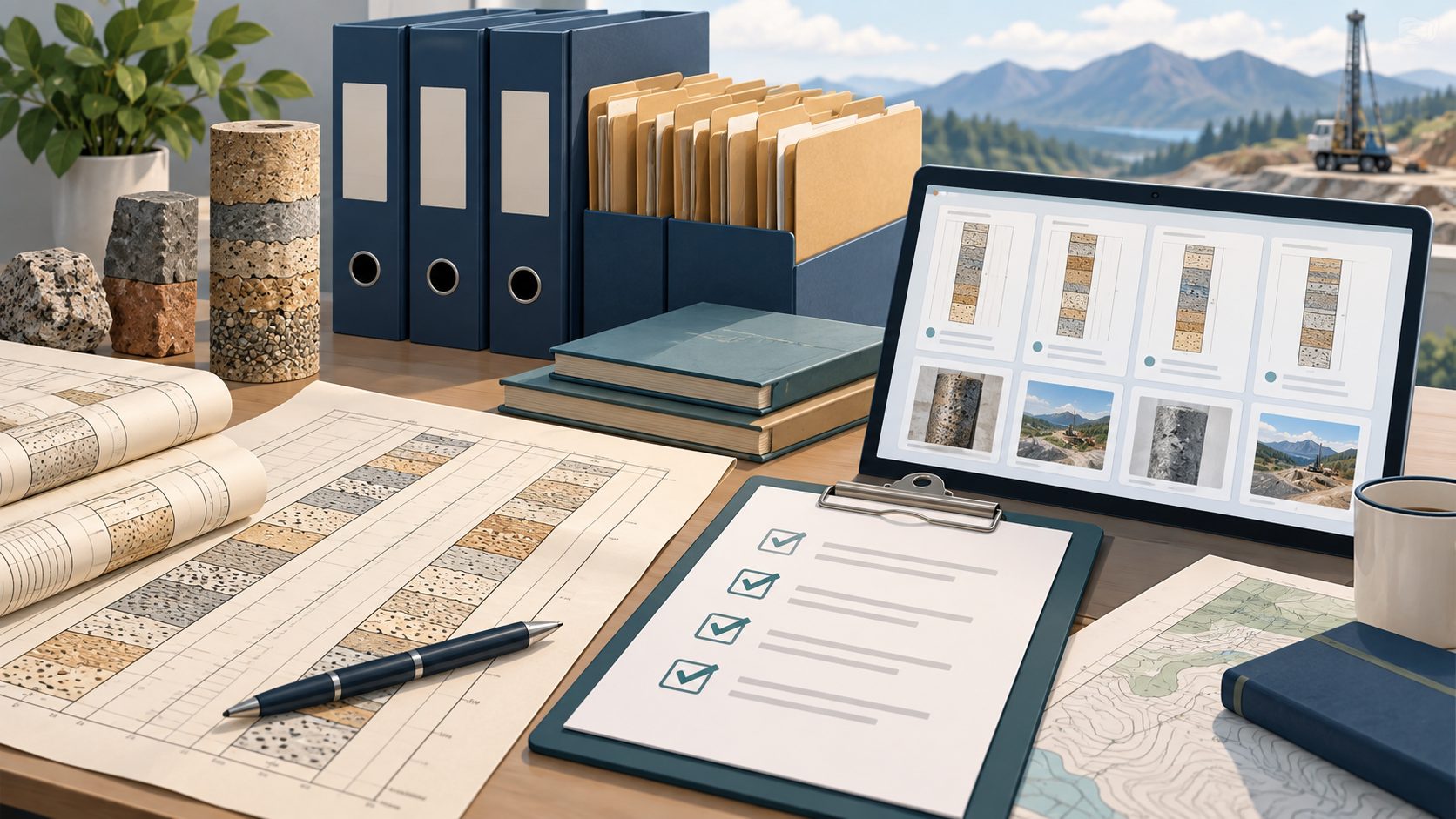 Conceptual illustration of organized borehole records, project folders and a migration readiness checklist.