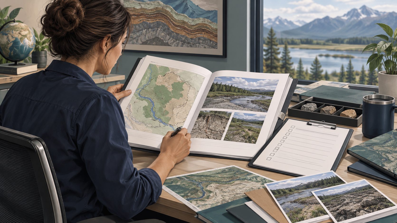 Environmental professional reviewing a report alongside maps, site photographs and a checklist.