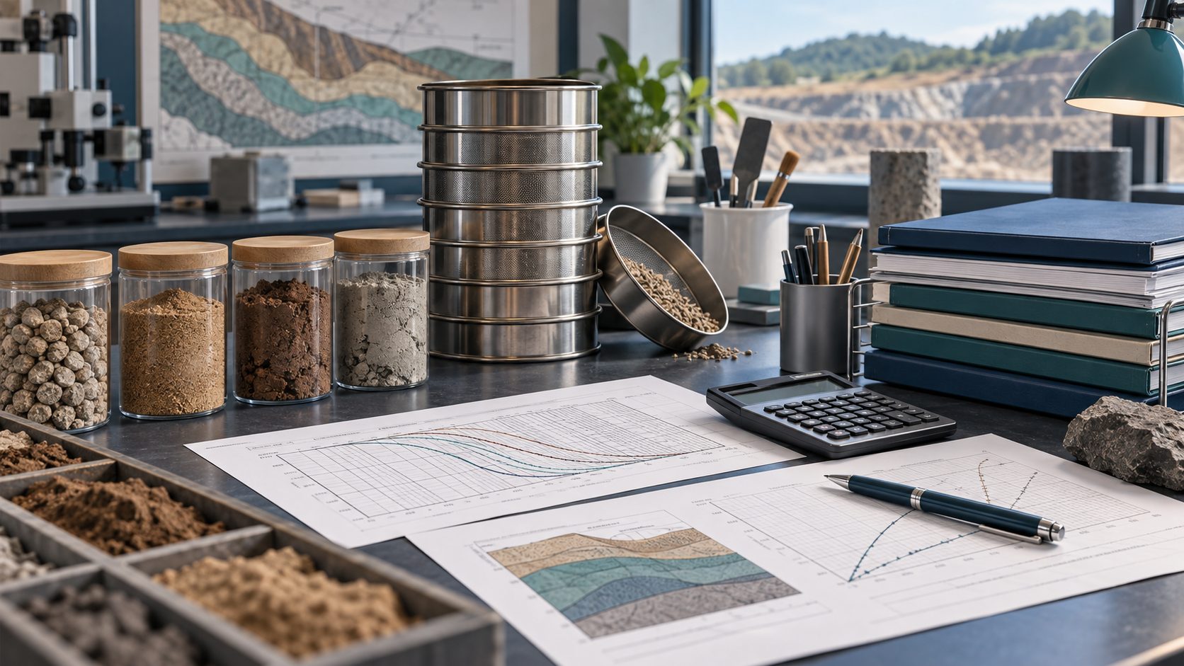 Conceptual geotechnical laboratory budgeting scene with soil samples, engineering curves and a calculator.
