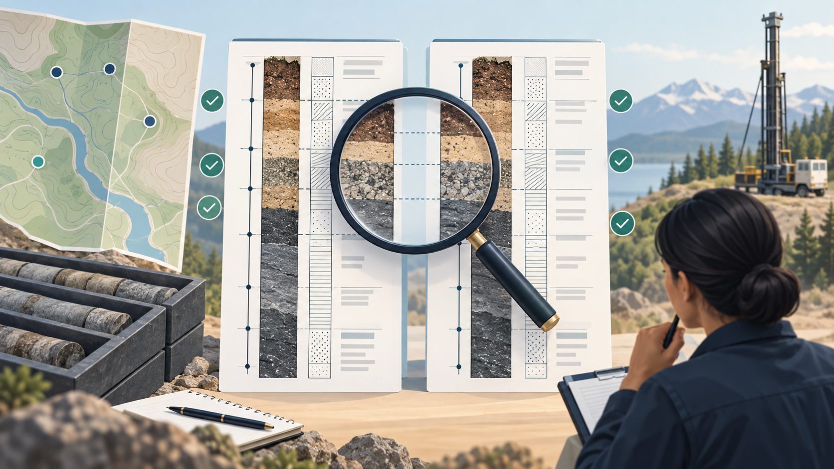 Conceptual illustration comparing migrated borehole records, depth intervals and mapped locations during technical verification.