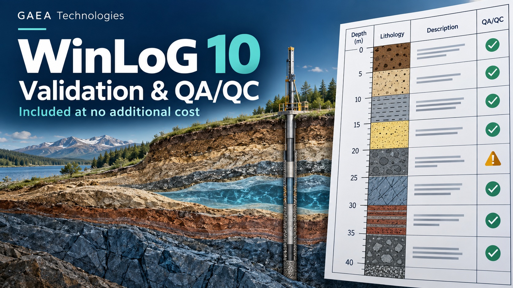 WinLoG 10 Validation & QA/QC, included at no additional cost, illustrated with geological layers and borehole data quality checks.