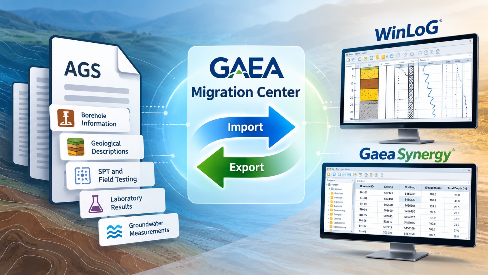 AGS geotechnical data import and export using GAEA Migration Center, WinLoG, and GaeaSynergy