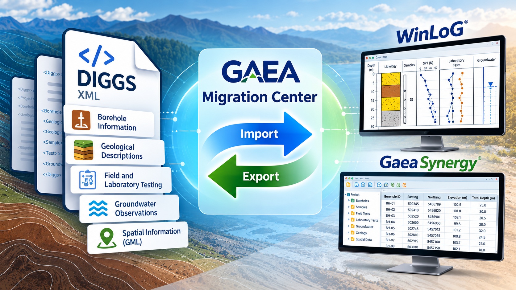 DIGGS XML data import and export using GAEA Migration Center, WinLoG and GaeaSynergy
