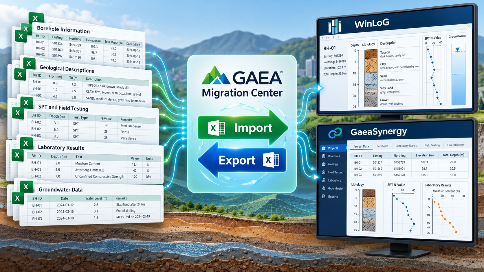 Excel borehole and geotechnical data import and export using GAEA Migration Center, WinLoG and GaeaSynergy
