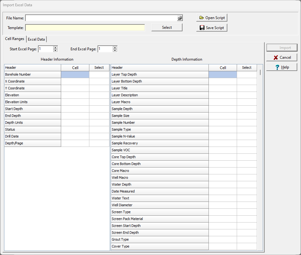 Excel import form used to import boring and well data in WinLoG